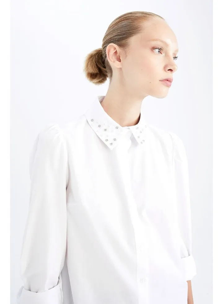 Woman Fitted Shirt Neck Woven Long Sleeve Shirt