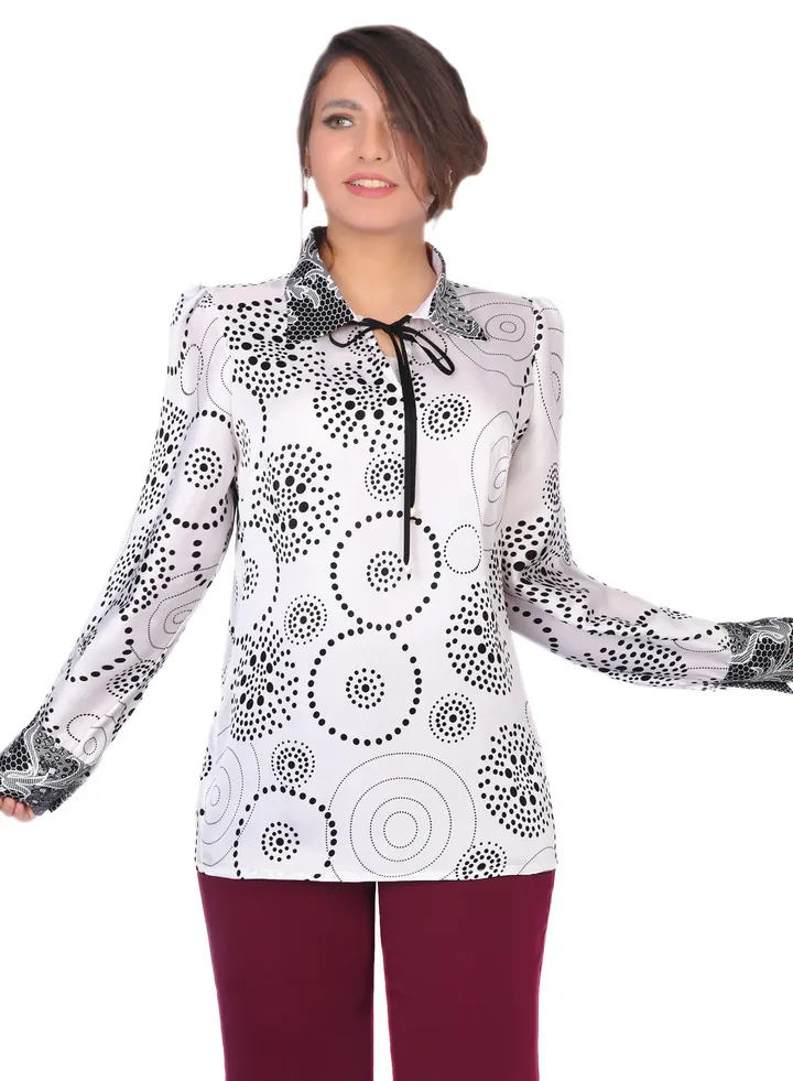 Long Sleeve Printed Faux Silk Blouse - White