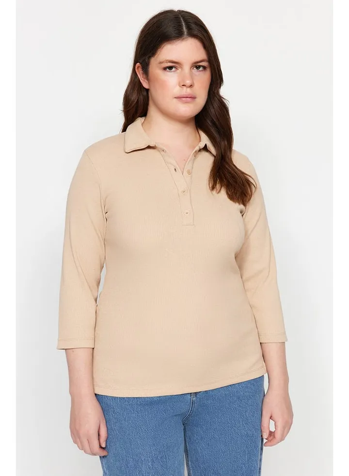 Beige Polo Collar Corduroy Knitted Blouse TBBAW24AF00038