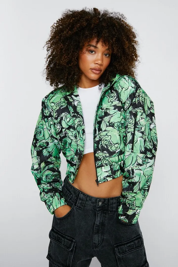 Nasty Gal Womens Floral Print Cropped Bomber Jacket