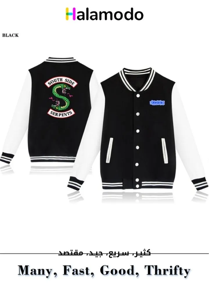 Fashion South Side Serpents Printing Long Sleeve Jacket Riverdale Streetwear Baseball Uniform Button Cotton Coat S