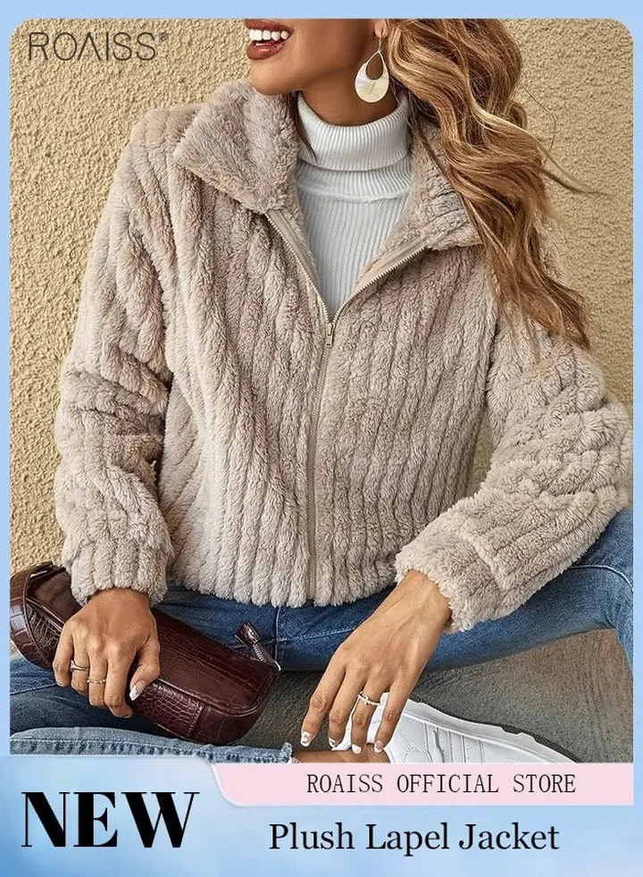 Women's Fashion Plush Cardigan Coat Classic Long Sleeved Lapel Top Casual Solid Color Short Jacket