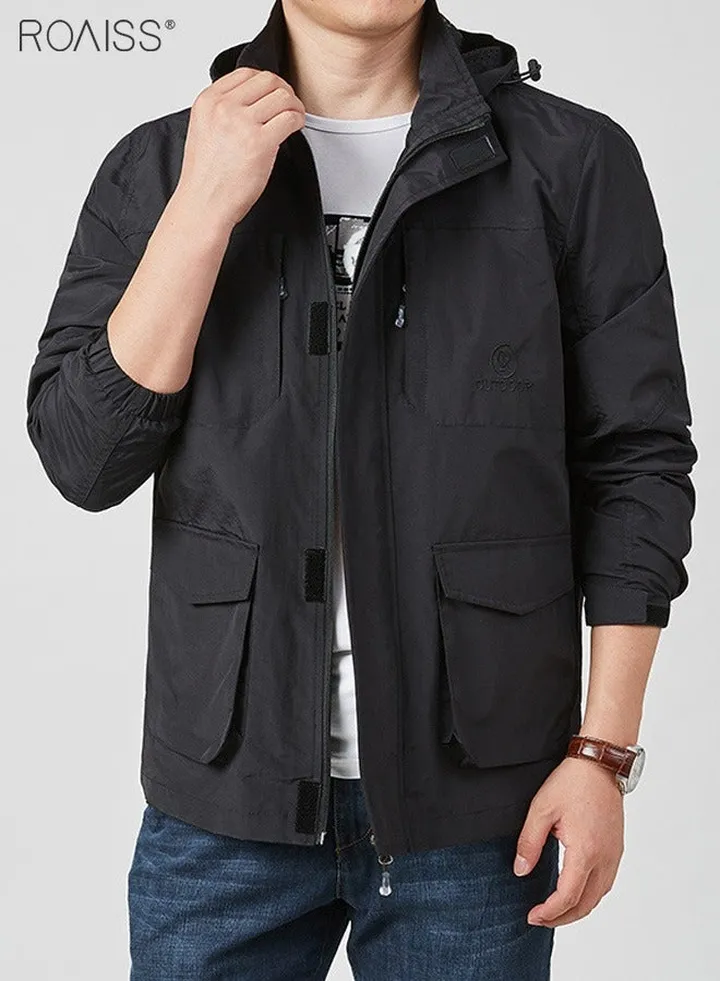 Men'S Casual Loose Windproof Jacket Solid Sports Hoodie Lightweight Outdoor Hiking Zipper Jacket