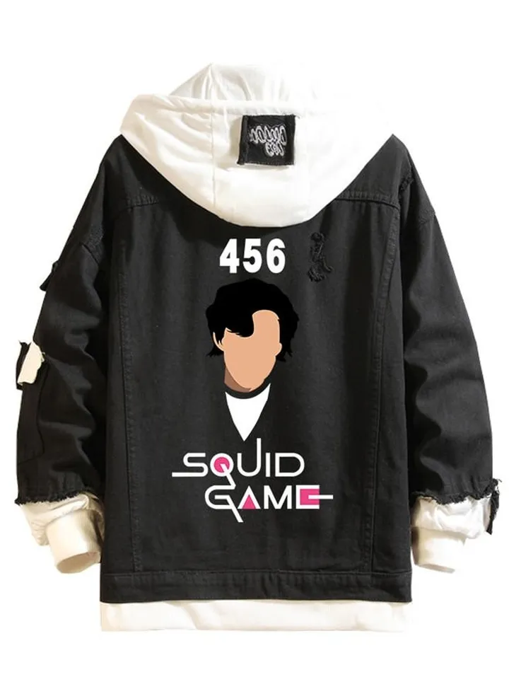 Squid Game Casual Buttons Hooded Denim Sweatshirt Youth Fake Two-Pieces Fall/Winter Daily Coat with pocket XL