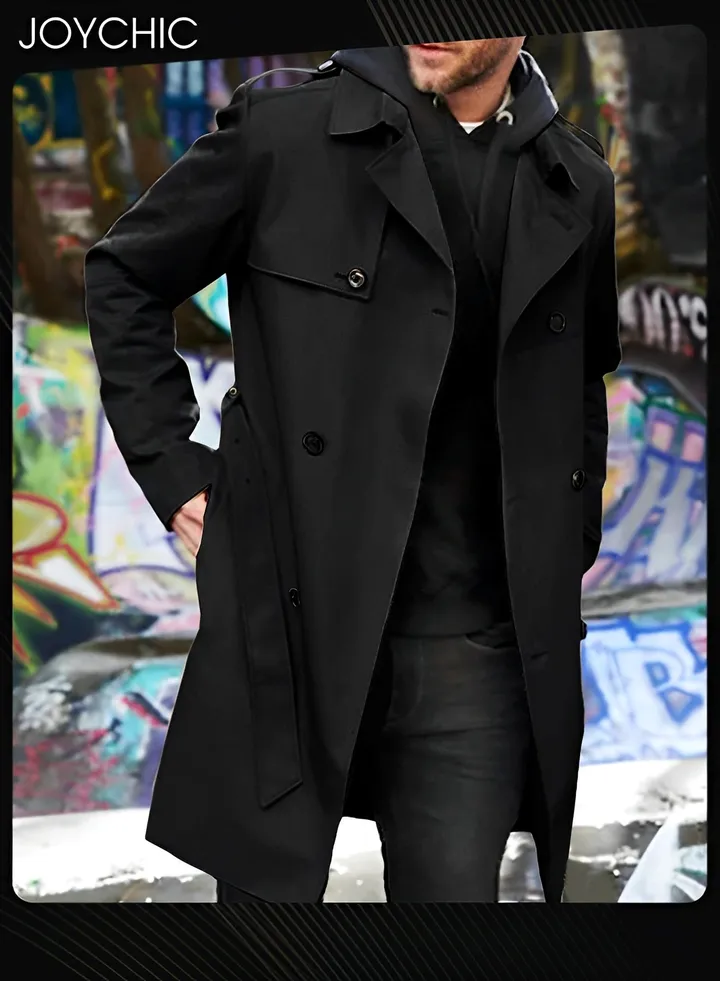 Solid Color European and American Long-sleeved Windbreaker Men's Double-breasted Casual Trench Coat Black