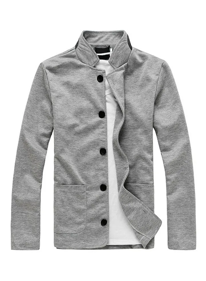 Knitted Collar Korean Style Long Sleeve Outwear Coat Light Grey