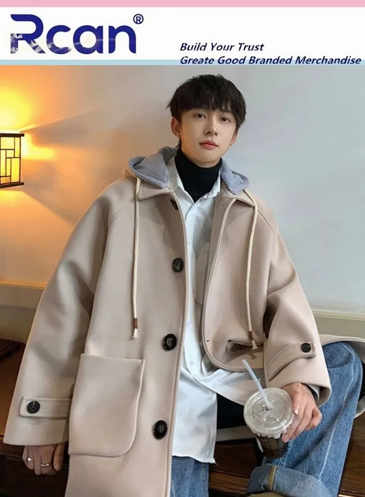 Winter Soft Hooded Overcoat for Men Single Breasted Top Coat Trench Coat with Long Sleeve Jacket