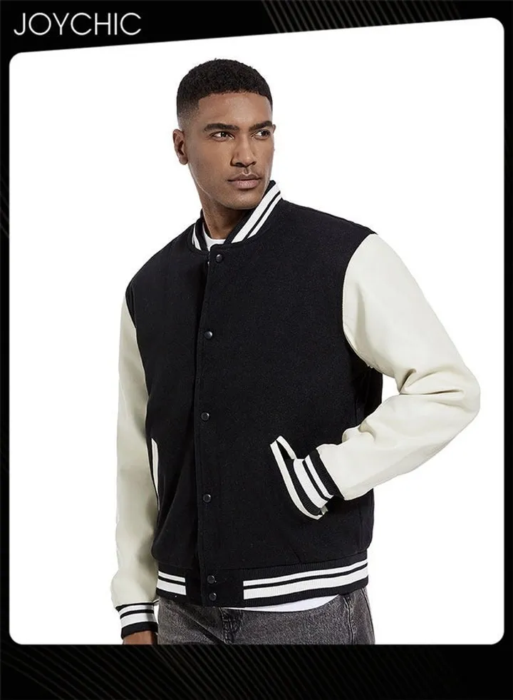 Classic Men's Autumn and Winter Baseball Uniform Woolen Pu Sleeve Casual Jacket Warm Outwear for Men Youth Teenager Black+White