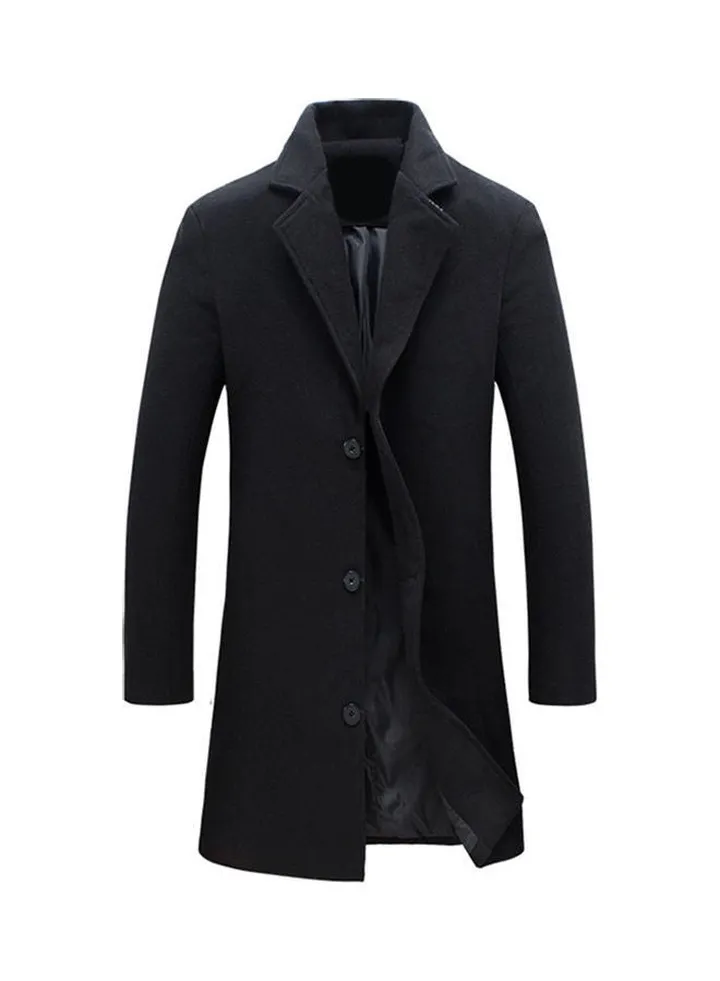 Lapel Collar Woolen Single-Breasted Trench Coat Black
