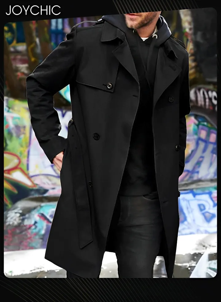 Solid Color European and American Long-sleeved Windbreaker Men's Double-breasted Casual Trench Coat Black