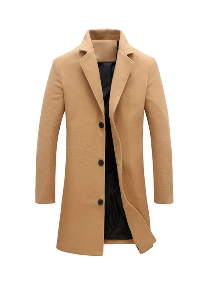 Lapel Collar Woolen Single-Breasted Trench Coat Khaki
