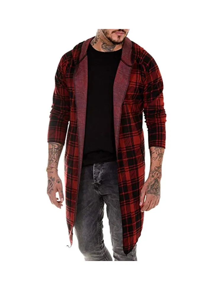 Autumn Fashion Men Plaid Print Long Sleeve Causal Hooded Shirt Coat Red