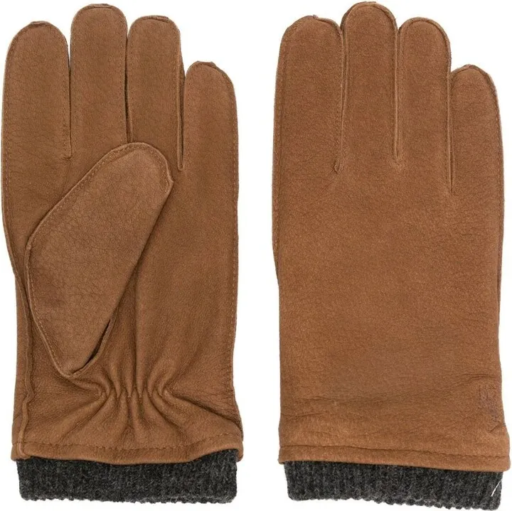 Ribbed-Trim Leather Gloves