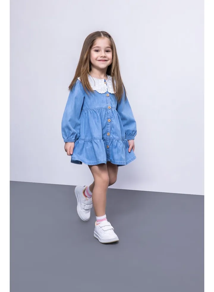 Babygirl Regular Fit Lace Neck Long Sleeve Denim Dress