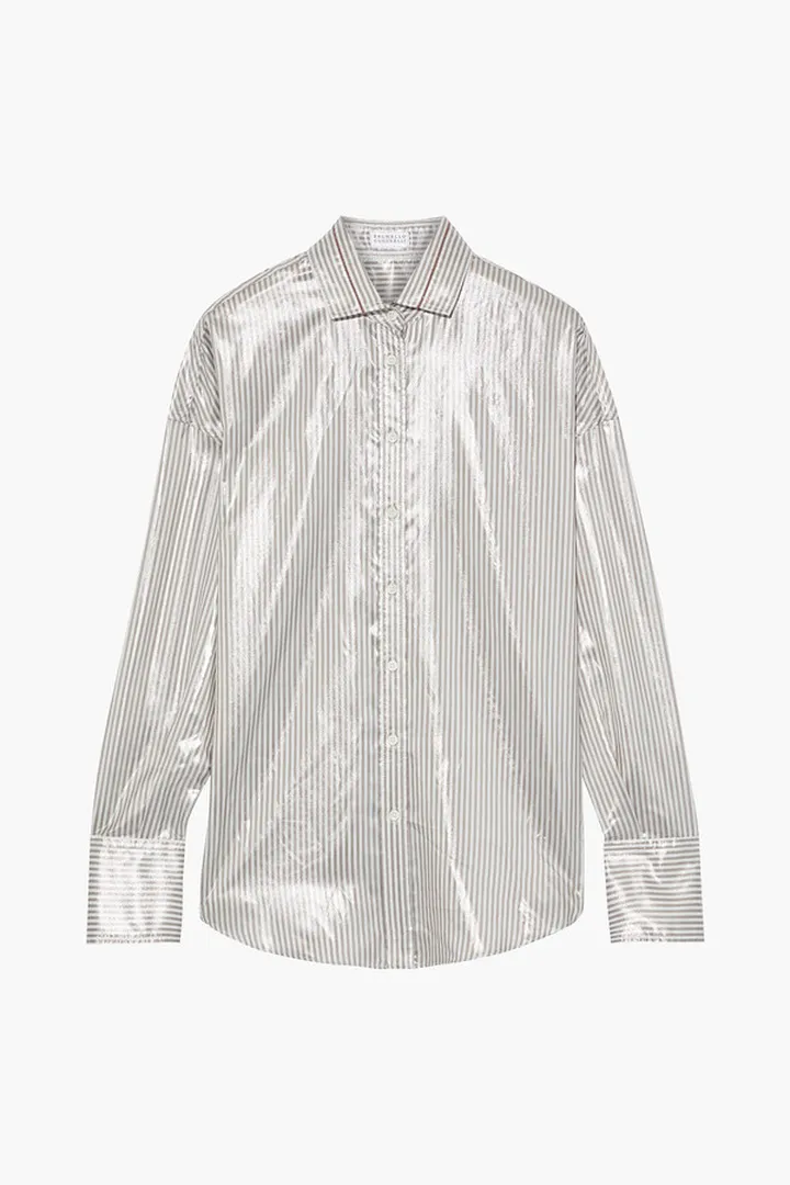 Bead-embellished striped silk-lamé shirt
