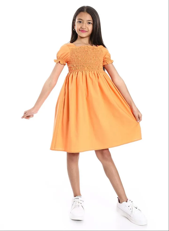 Short Puffed Sleeves Square Neck Orange Girls Dress