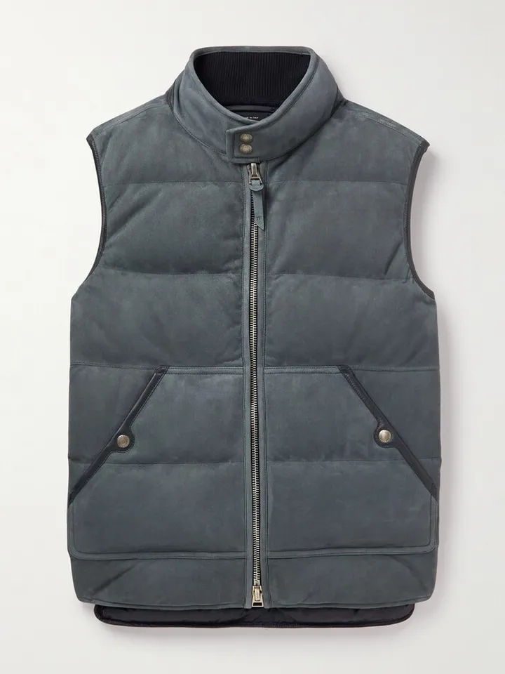 Leather-Trimmed Padded Quilted Suede Gilet