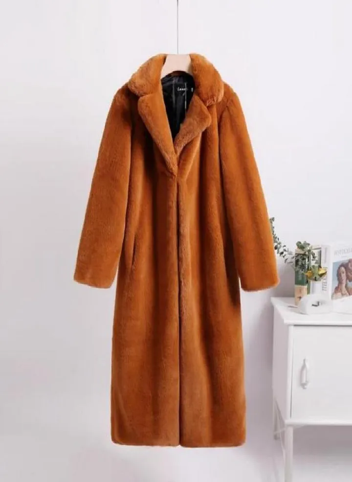 Women Contrast Color Mink Faux Fur Coat Turn Down Collar Winter Fur Lady Long Coat