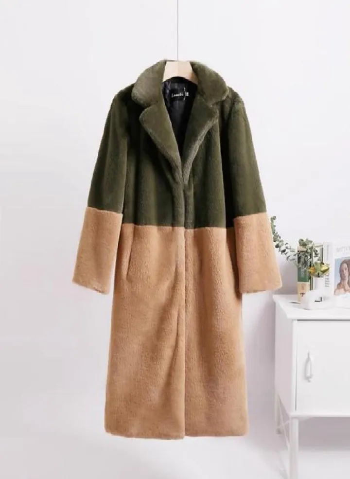 Women Contrast Color Mink Faux Fur Coat Turn Down Collar Winter Fur Lady Long Coat