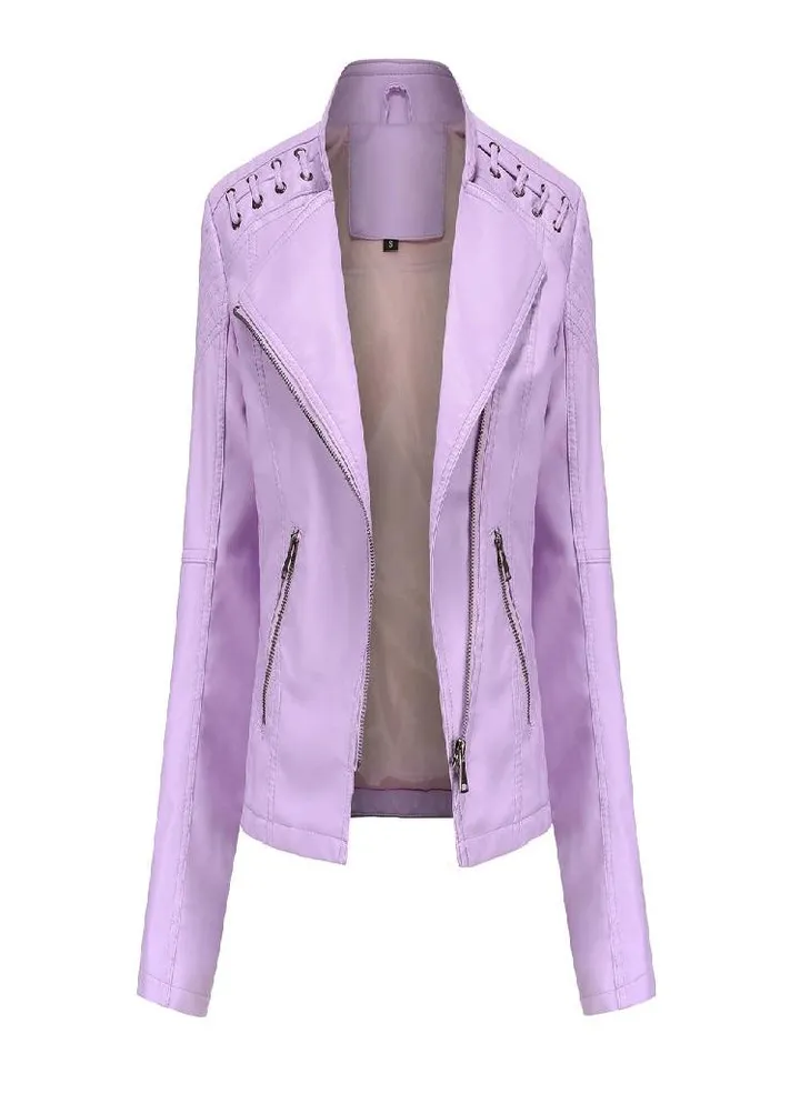 Women's Autumn and Winter Faux Leather Jacket Women's Short Jacket Lapel Slim Thin Leather Coat Women's Motorcycle Suit