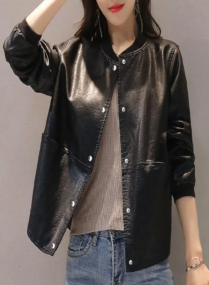 Korea Plus Size XXXL PU Leather Jackets Women Long Sleeve Baseball Jacket Female Solid Single Breasted Casual Faux Leather Coats