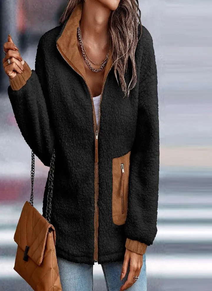 Womens Winter Coats Lapel Sharpe Fleece Patchwork Pocket Coat Fall Long Sleeve Zip Up Casual Fashion Warm Top Coat