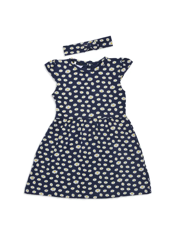 Blue flowers printed dress with head band.
