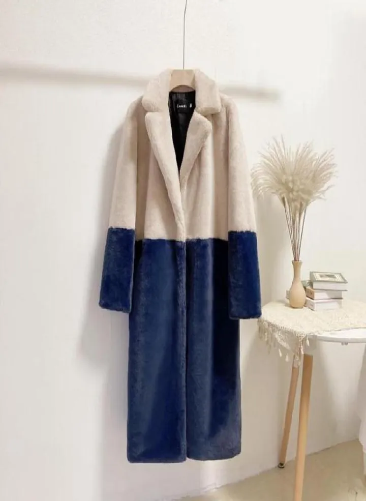Women Contrast Color Mink Faux Fur Coat Turn Down Collar Winter Fur Lady Long Coat
