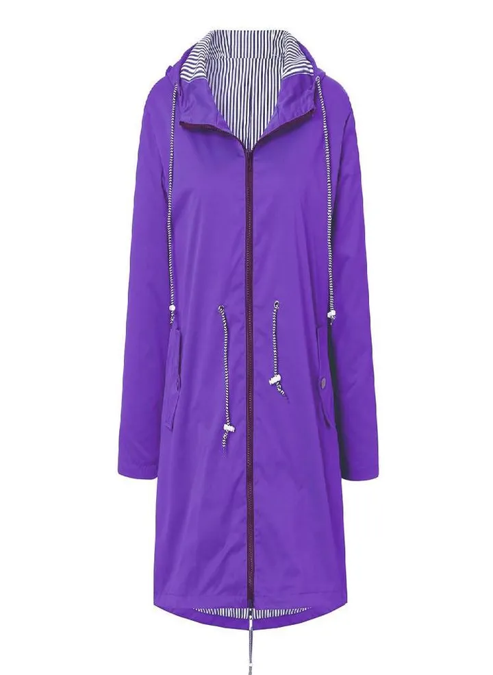 Women Solid Rain Jacket Outdoor Plus Size Waterproof Hooded Windproof Loose Coat