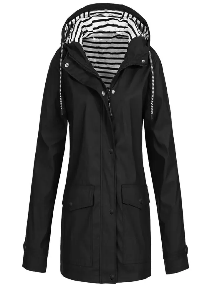 Women Solid Rain Outdoor Plus Waterproof Hooded Raincoat Windproof Jacket Coat