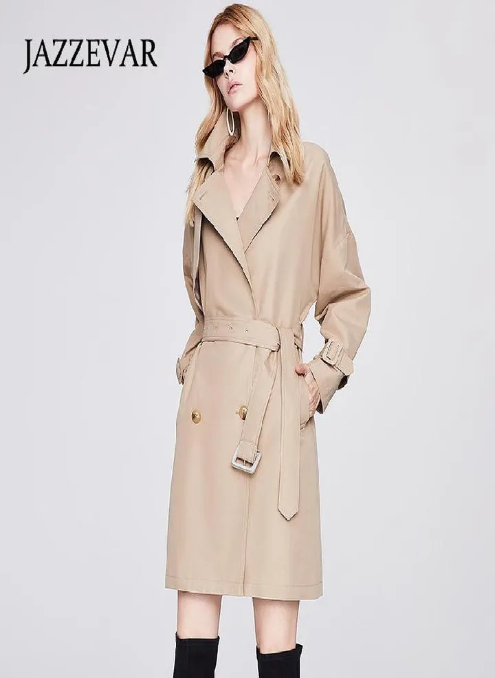 JAZZEVAR Autumn New Windbreaker Women's Double Row on Long Windbreaker Casual Coat