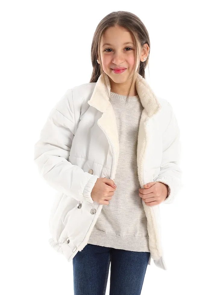 Full White Snap Buttons Closure Notched Collar Jacket