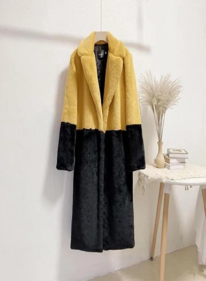Women Contrast Color Mink Faux Fur Coat Turn Down Collar Winter Fur Lady Long Coat