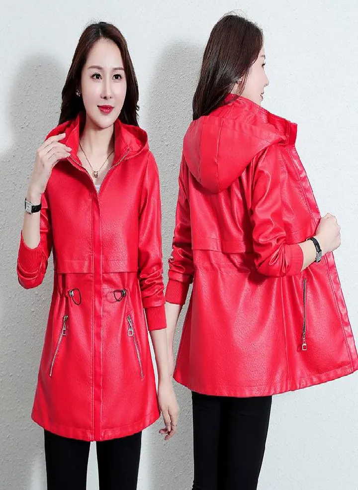 Women 'S Leather Jacket Mid -Length Coat Casual Leather Jacket