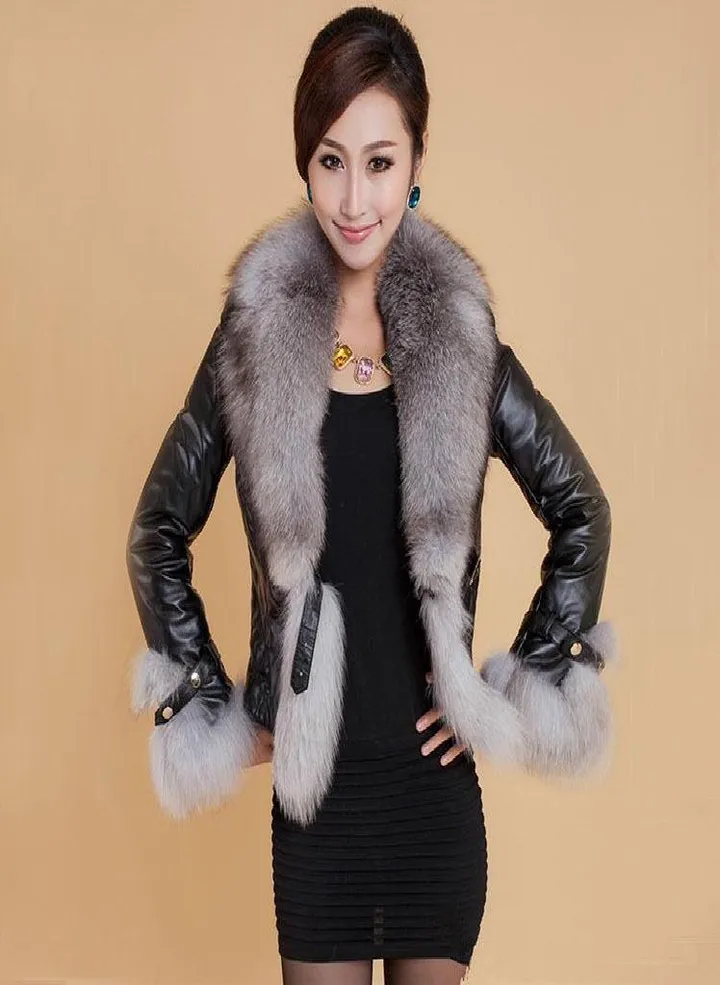 SCIONE Faux Fox Fur Collar Leather Slim PU Leather Women Plus Cotton Jacket Fashion Short Leather