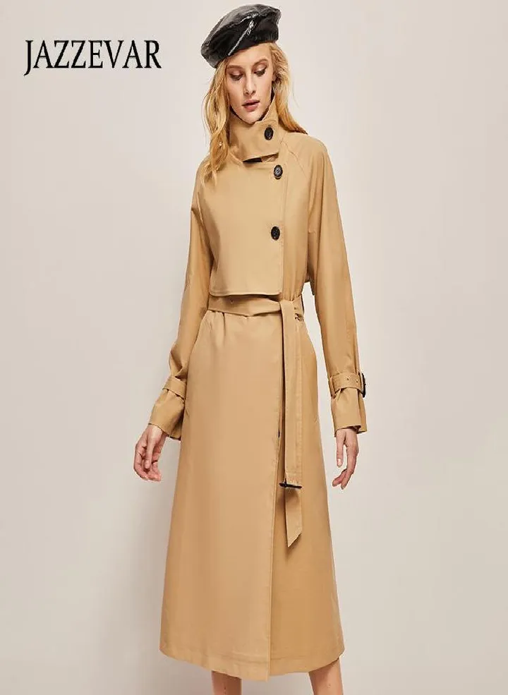 JAZZEVAR Casual Lapel Korean Style Windproof Loose Waistband Temperament Trench Coat