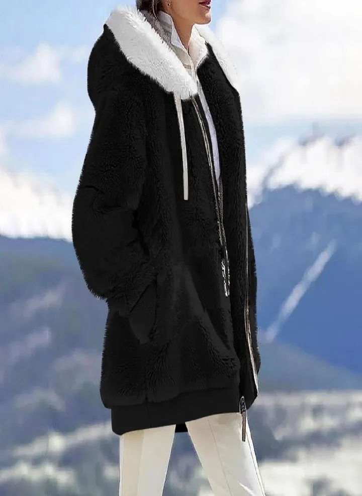 Womens Fashion Soild Winter Loose Plush Long Sleeve Zipper Pocket Hooded Coat