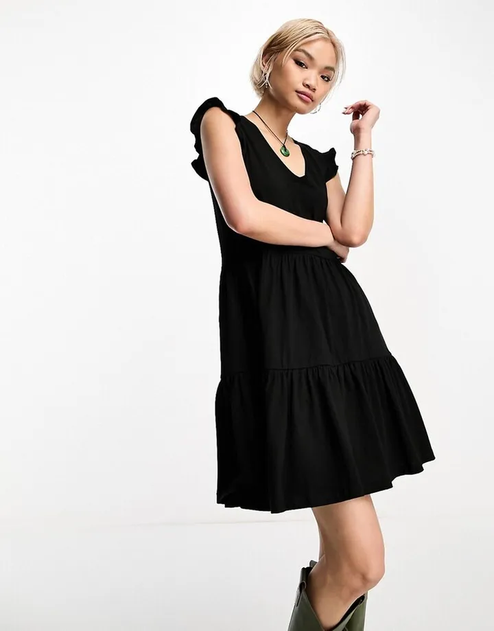 Only tiered frill sleeve mini dress in black