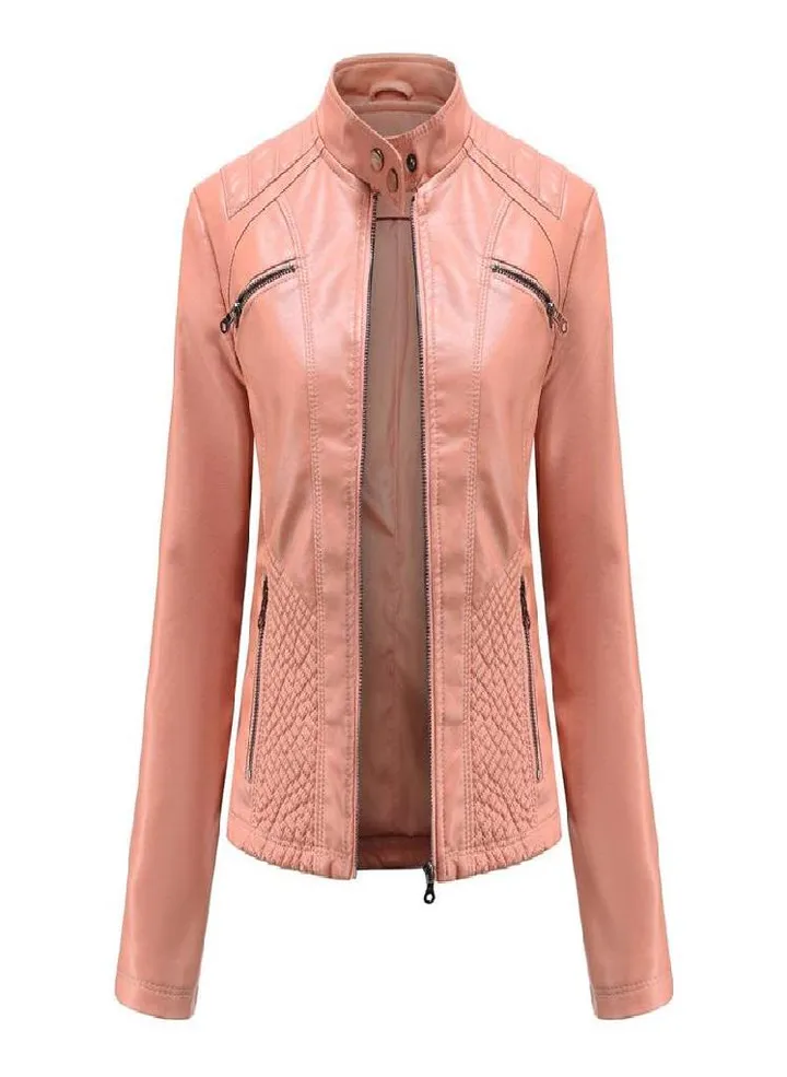 Spring and Autumn Women's Fashion Leisure Stand Collar Leather Jacket European and American Slim Fit Solid Color Jacket