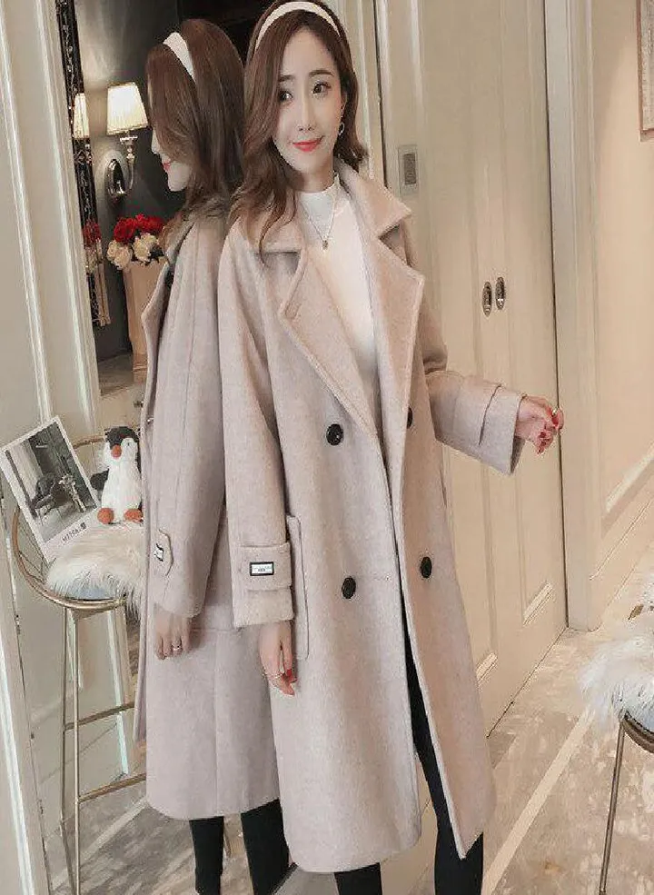 Women Korean Wool Coat Ladies Solid Casual Coats Single Breasted Turn-down Collar Jakects