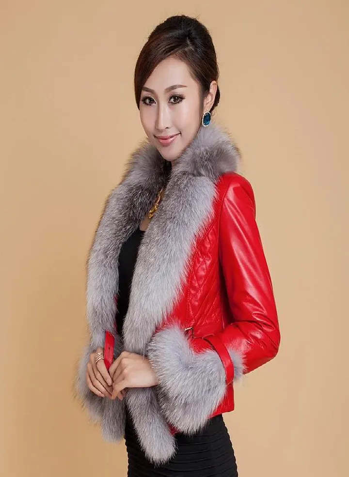 SCIONE Faux Fox Fur Collar Leather Slim PU Leather Women Plus Cotton Jacket Fashion Short Leather