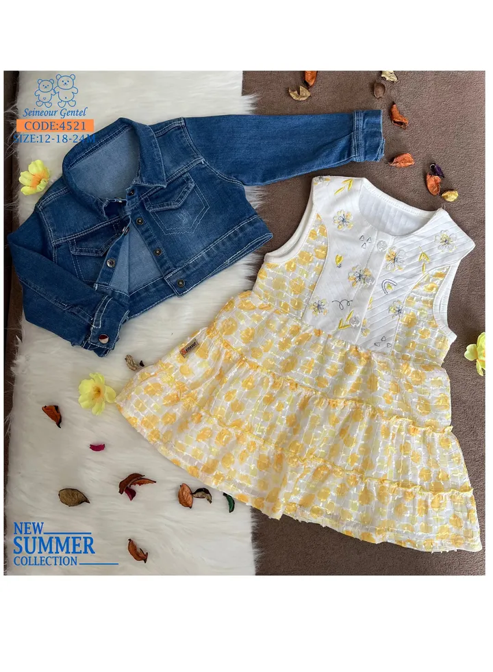 Girls' outfit dress with jeans jacket, excellent material, from Senior Gentle, yellow color