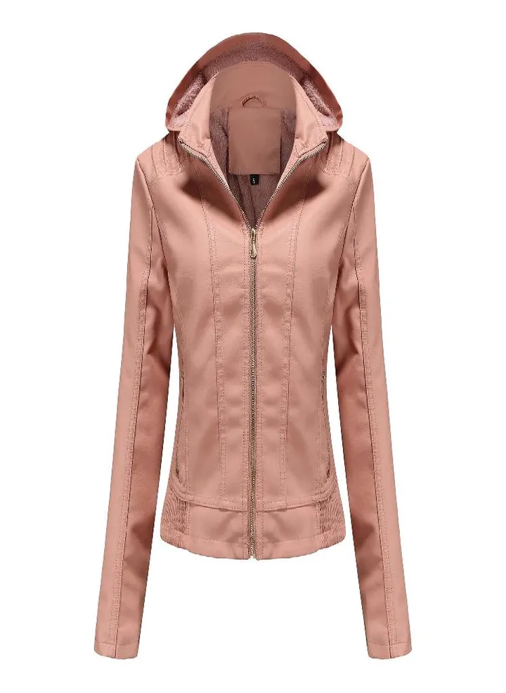 Hooded Leather Jacket Women 'S Zipper Long Sleeve Fleece Leather Jacket European Size Slim Coat