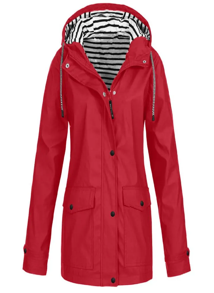 Women Solid Rain Jacket Outdoor Plus Waterproof Hooded Raincoat Windproof