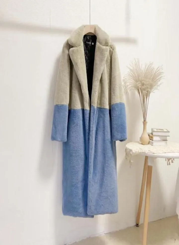 Women Contrast Color Mink Faux Fur Coat Turn Down Collar Winter Fur Lady Long Coat