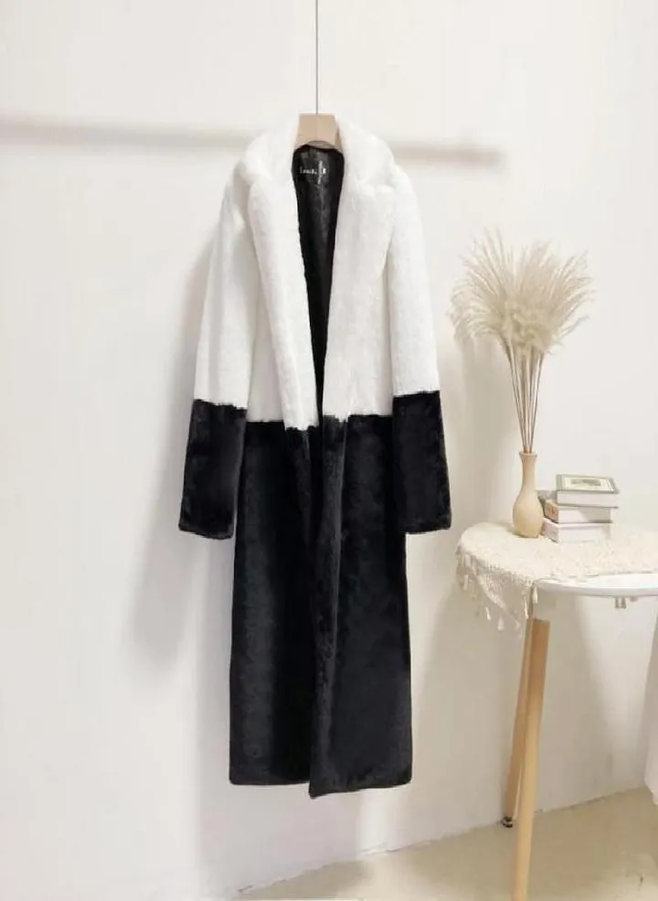 Women Contrast Color Mink Faux Fur Coat Turn Down Collar Winter Fur Lady Long Coat