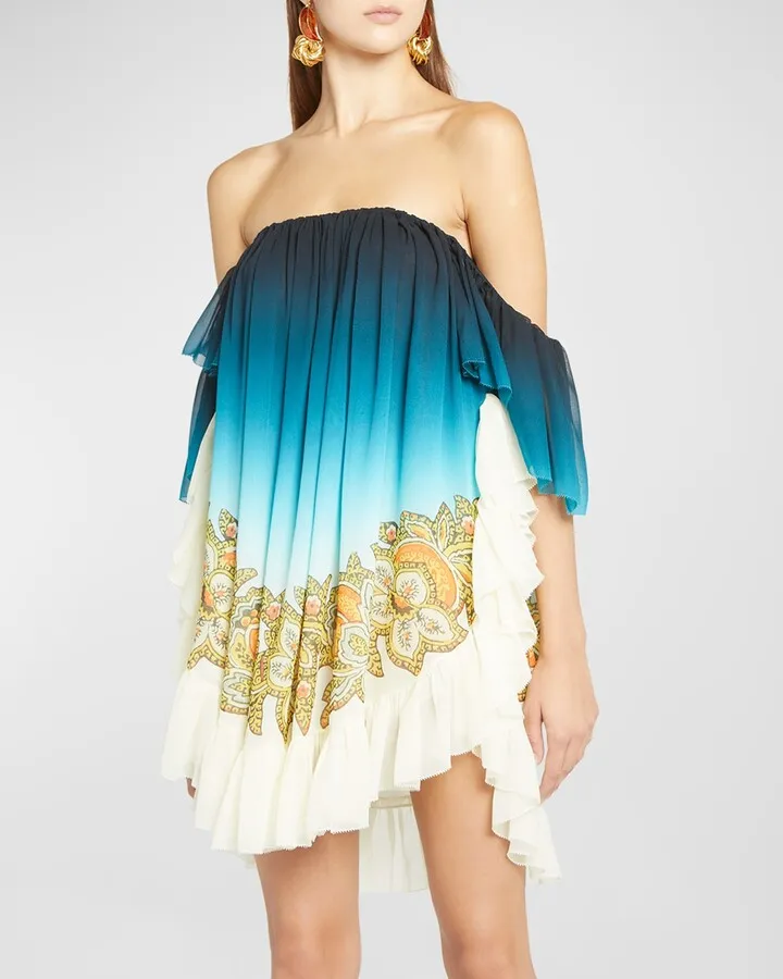 Ombre Off-The-Shoulder Ruffle-Hem Mini Dress