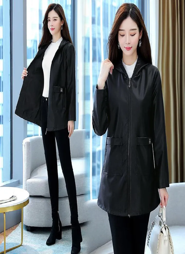 Leather Jacket Women 'S Plus Size All -Match Hooded Mid -Length Pu Leather Top