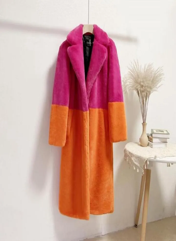 Women Contrast Color Mink Faux Fur Coat Turn Down Collar Winter Fur Lady Long Coat