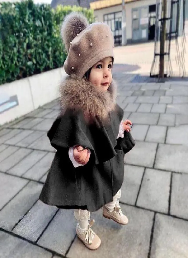 Baby Girls Thick Warm Cape Coat Fur Collar Kids Winter Long Overcoat Teenage Children Outerwear
